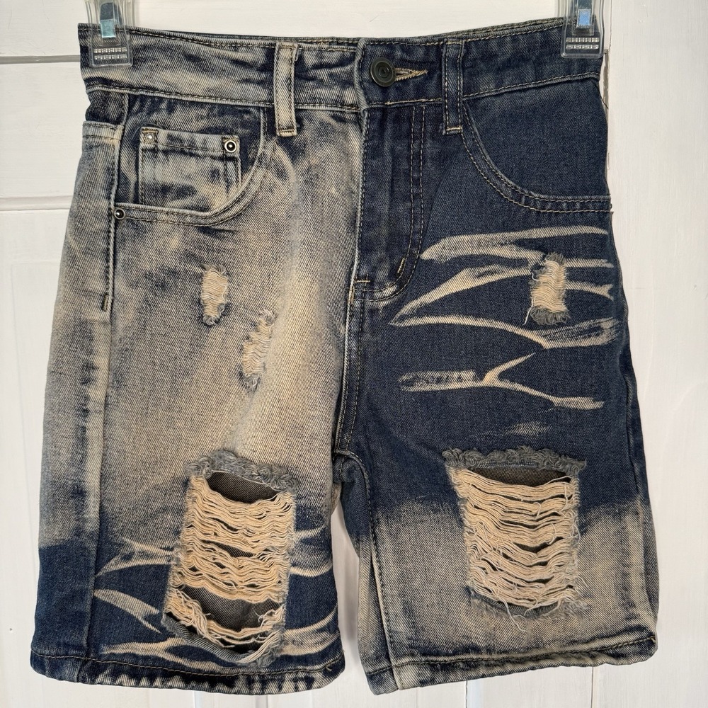 Boy's Fashion Jean Shorts Size 8 Blue Tan Ripped Distressed Cotton Blend Stylish